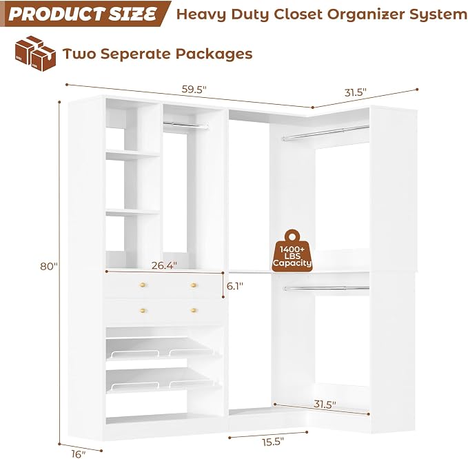 Besiost Corner Closet System with 2 Drawers, 3 Hanging Rods, 59.5" * 31.5" Closet Organizer System with Corner Tower, Reversible L Shaped Walk-in Closet System, Corner Closet System Set of 2, White