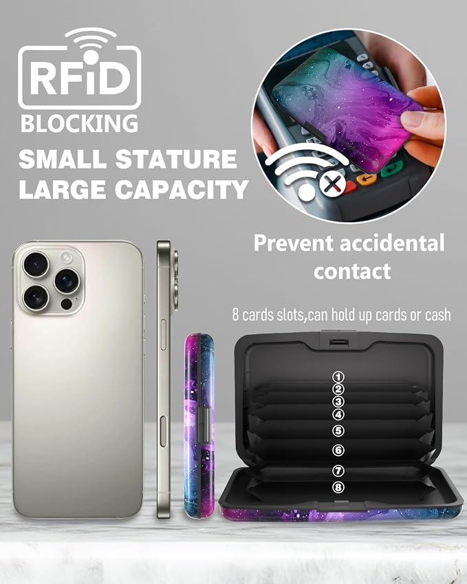 Maicican Credit Card Holder, Mini RFID Blocking Aluminum Wallet | Slim Metal Hard Case Travel Wallet ID Case for Women and Men, 4.3 x 2.9 Inches, Purple Marble