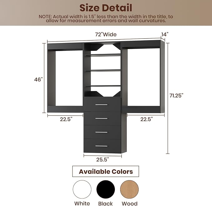 ROOMTEC Modular Closet System, 72" Wall-Mounted Closet Organizer with Drawers and Hanging Rods, Wooden Tower for Walk-In Closets, Wardrobe Storage Kit, Black