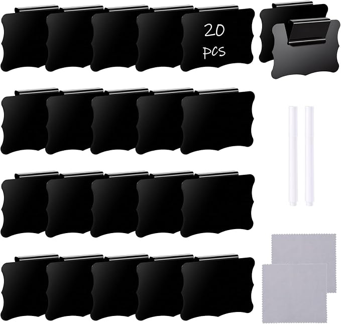 20 Pcs Basket Labels Clip On for Storage Bins, Pantry Organization with2 Markers and 2 Wipe Cloths Reusable Clip on Chalkboard Basket Tags for Kitchen Pantry Storage