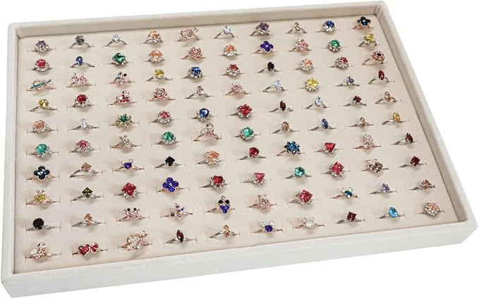 Stratelife 100 Slots Ring Organizer Tray, Stackable Jewelry Storage Display for Drawer, Velvet Jewelry Holder Case for Ring Earring Stud, 13.8" x 9.4" x 1.2", Beige