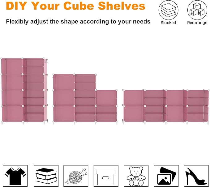 AWTATOS Closet Organizer 8 Cube Storage Shelves Clothes Organizers Closet Storage Stackable Cubby Shelving for Closet Bedroom Living Room Pink