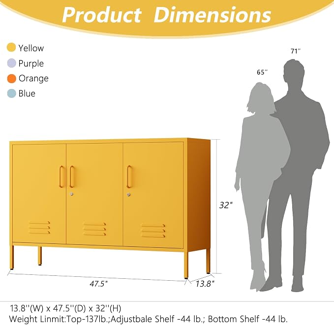 Yellow Wide Metal Storage Cabinet, 32" H Heavy Duty Steel Locker with Lock, 2 Adjustable Shelves & Ventilated Doors for Home Office Kitchen Living Room