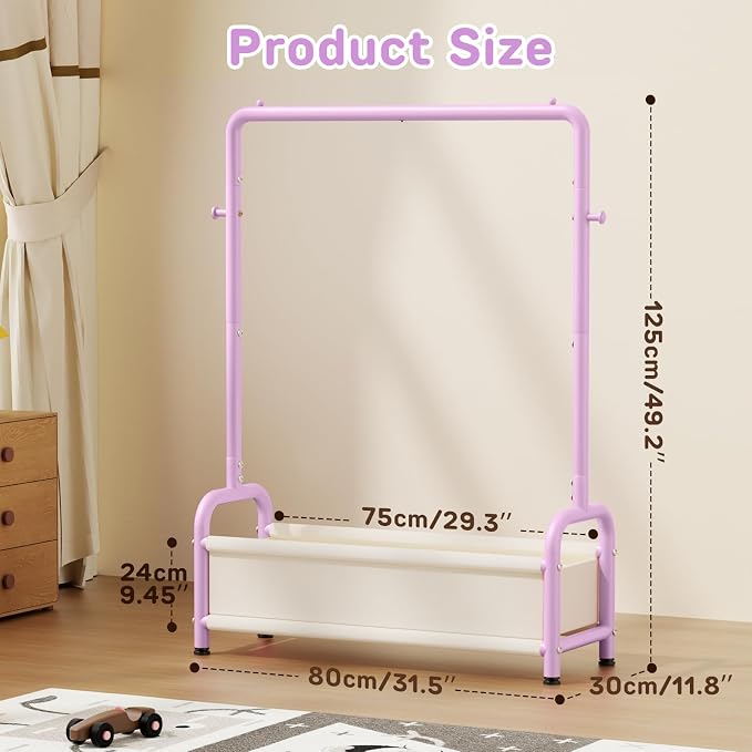 Kids Clothing Rack with Storage Shelf, Kids Dress Up Storage for Coats, Small Baby Garment Rack for Hanging Clothes, Toddler Wardrobe Closet Organizer (Purple, Classic)