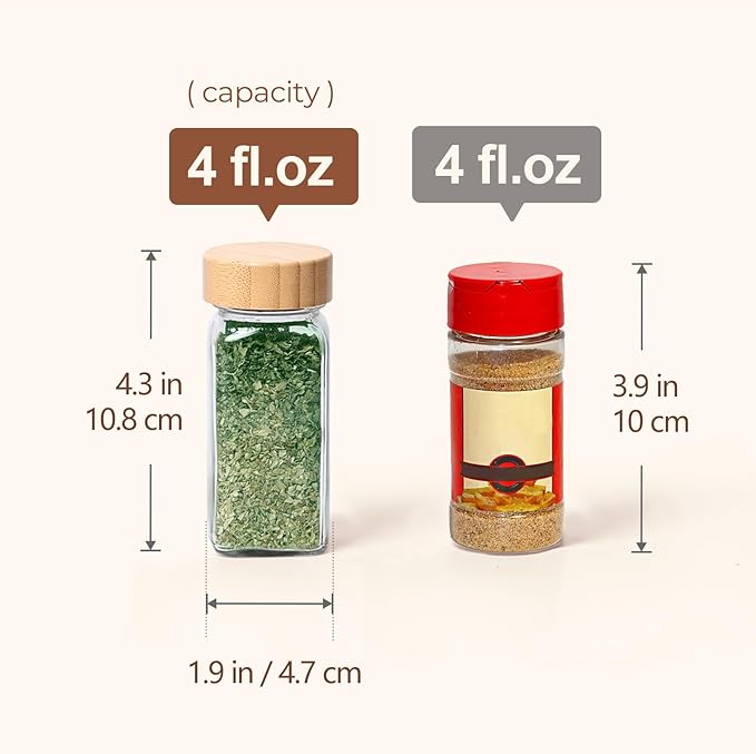 ComSaf Glass Spice Jars with with Labels 4 oz 24 Pack Bamboo Lids Bulk Set | Empty Containers, Seasoning Herb Powder, Salt Pepper Chili, Spice Rack Organization, Kitchen Cabinet Storage, Funnel Included