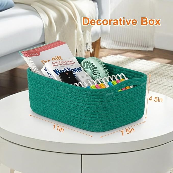 Small Storage Baskets for Organizing, Woven Storage Bins for Shelves, Gift Basket Empty, Cute Decorative Closet Organizer, Baby Rope Basket, Dog Toy Storage, 11x7.5x4.5”, 3Packs Green