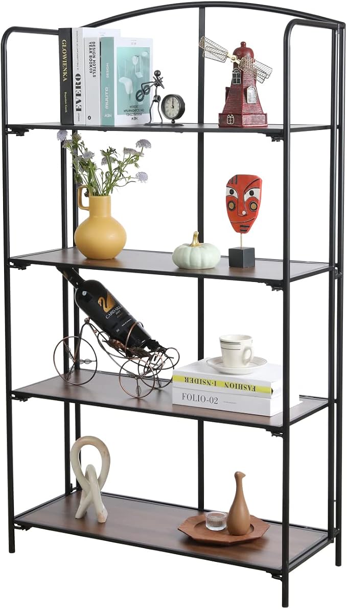 Crofy 4-Tier Wider Foldable Bookshelf, Black Frame & Walnut Shelves | No-Assembly Collapsible Portable Storage Organizer; Sturdy Walnut Finish Shelves; Ideal for Living Room & Home Office