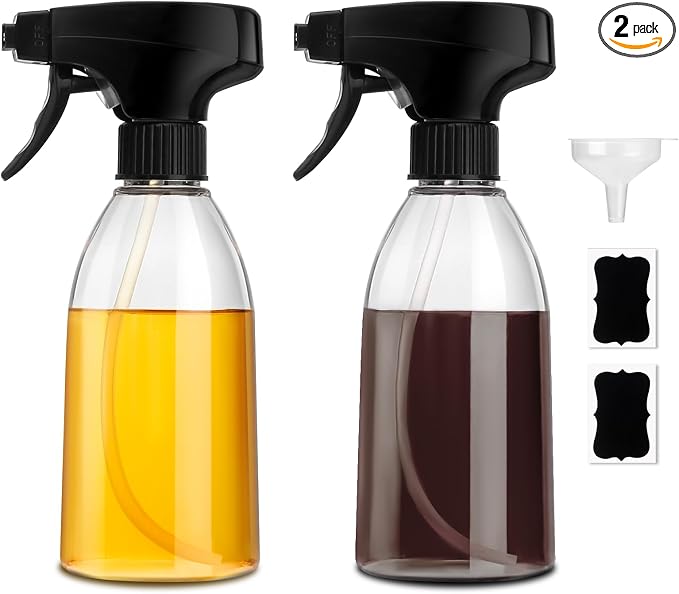 gmisun Oil Sprayer for Cooking, 2 Pack Olive Oil Spray Bottle, 10oz Food-Grade Plastic Oil Spritzer Mister, Refillable Oil Dispenser Bottle for Salad, BBQ, Grilling, Kitchen Baking, Roasting