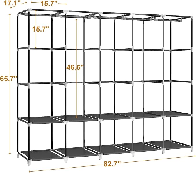 83" Portable Wardrobe Closet for Hanging Clothes, 5 Rods 10 Shelves Cover | 5 Hanging Rods 10 Storage Shelves Fabric Cover