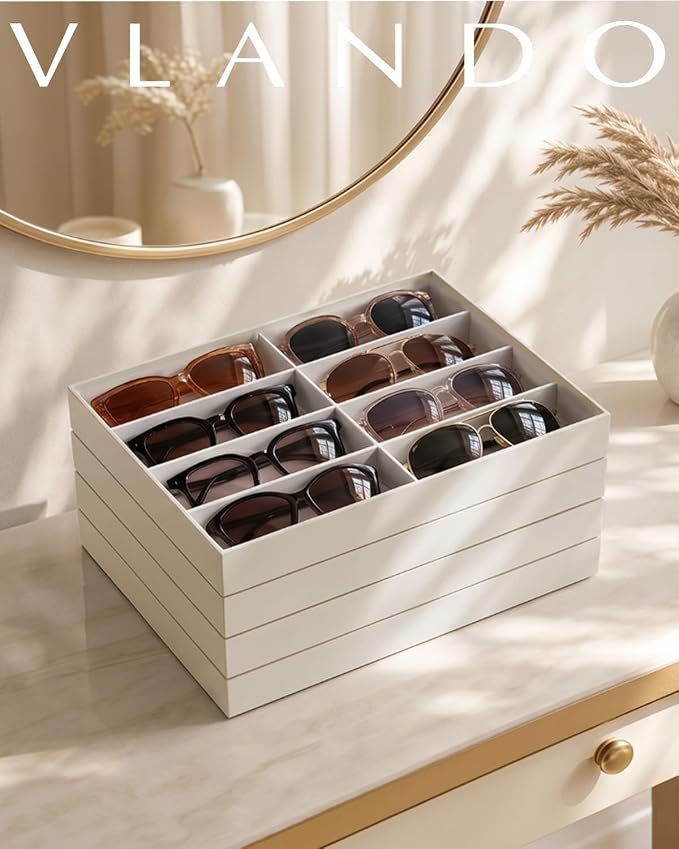 VLANDO Sunglasses Organizer,Stackable Jewelry Tray for Glasses,Toffee | Removable Dividers, Soft Velvet Lining, Drawer Organizer for Glasses, Watches, Vanity Display, Gift for Women Girl