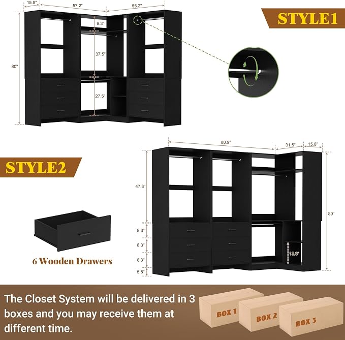 Aheaplus Closet System with 6 Drawers, 4 Hanging Rods & Corner Tower, Corner Closet System with Hanging,80.9" L-Shaped Walk-In Wardrobe Organizer, 2000+ lbs Capacity, Set of 3, Black