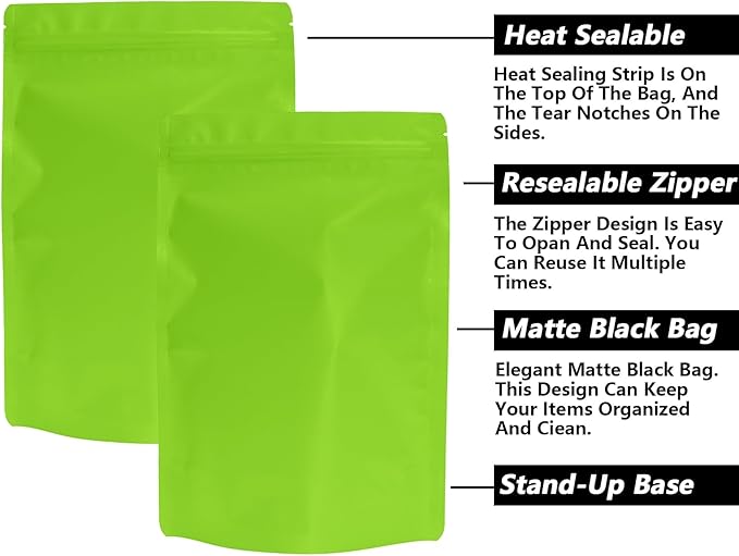 100PCS Smell Proof Resealable Pouch Bags,ULIFESTAR Aluminum Foil Flat Food Storage Bag,Sealable Pcsaging Zipper Pouches with Tear Notches for Pcsaging Lipgloss,Jewelry,etc(16*24cm/6.3*9.45",Green)