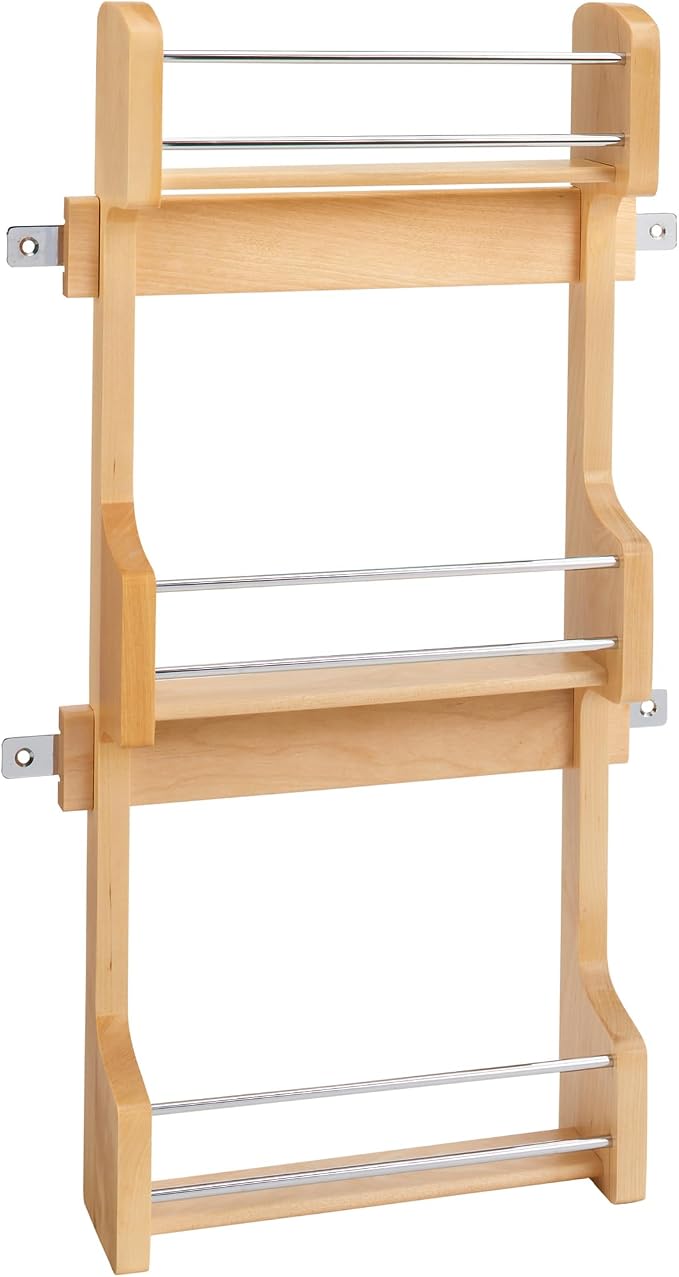 Rev-A-Shelf 15" 3 Tiered Pull Out Shelf Organizer for Kitchen Cabinets, Pantry Storage Spice Seasoning Rack, Door/Wall Mounted, Maple Wood, 4SR-15