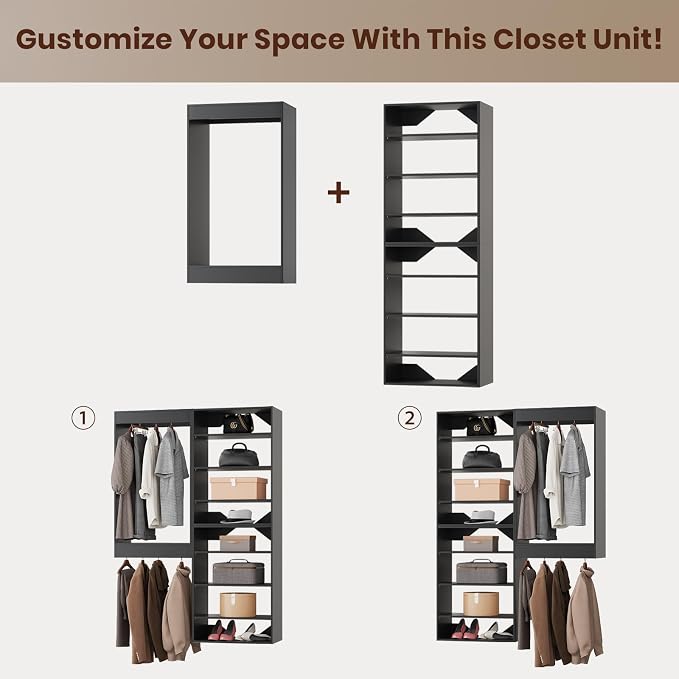 ROOMTEC Modular Closet System, 64" Wall-Mounted Closet Organizer with Hanging Rods and Shelves, Wooden Tower for Walk-In Closets, Wardrobe Storage Kit, Black
