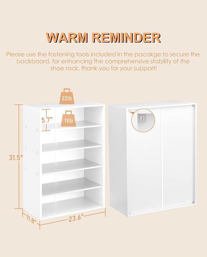 HAIOOU 5 Tier White Shoe Rack with One Movable Storage Shelf, 24 Inches | Stackable Wooden Shoe Organizer Freestanding shoe stand, Holds 10-15 Pairs, Fits Entryways, Closets, Dorms, Apartments