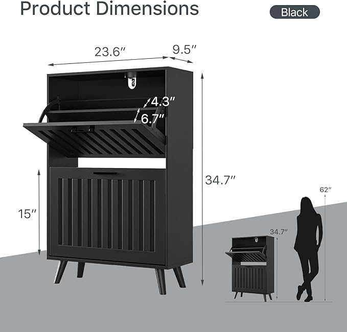 Shoe Storage Cabinet with 2 Flip Drawers, Modern Freestanding Organizer with Adjustable Shelf, Narrow Shoe Rack Cabinet for Entryway, Black
