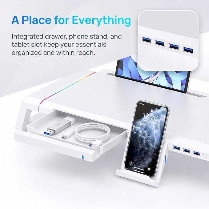 Monitor Stand Riser for Desk, Foldable Computer Monitor & Laptop Stand with Drawer, 4 USB 2.0 Ports, RGB Lighting, Phone & Tablet Holder, 72 lb Capacity (White)