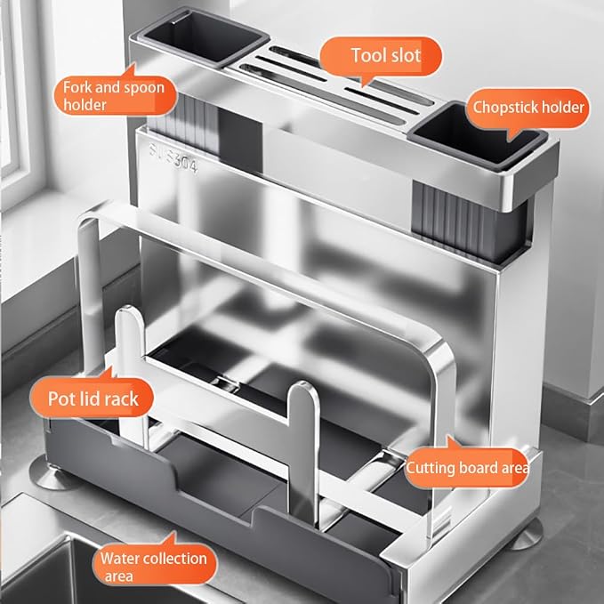 Multifunctional Cutting Board, Knife Drying Rack Kitchen Countertop Pot Lids Organizer, Knife Block Holder with Drain Tray Utensil Holders Bakeware Cookware Chopping Board Storage Stand