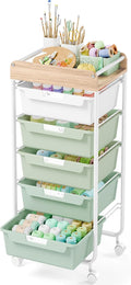 SYKIARIOL Rolling Storage Utility Cart with 5 Drawers,Craft Cart with Wheels,Makeup Organizer,Art Supply and Storage Wooden Tabletop,Green