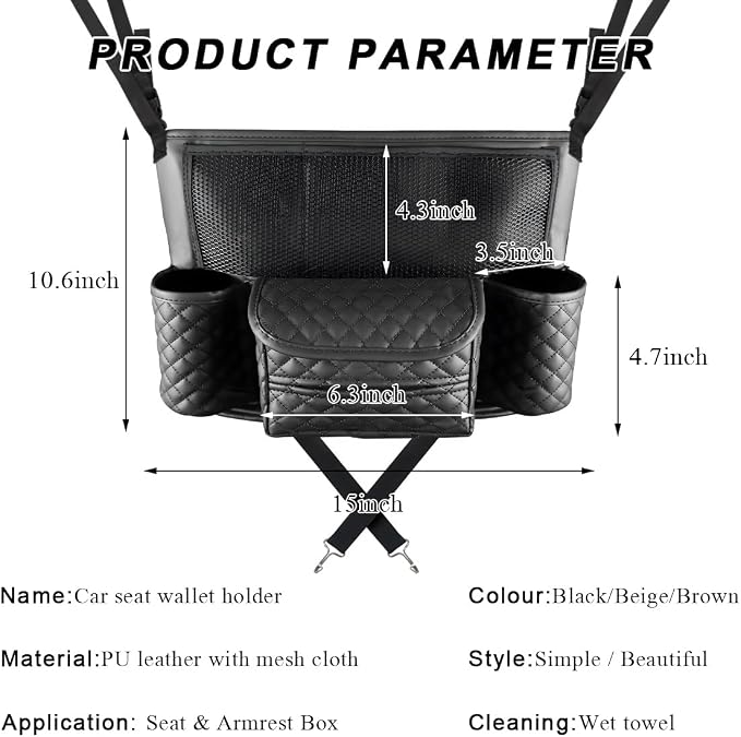 DXNQ Car Purse Holder Between Seats, Luxury Leather Front Seat Back Handbag Organizer with Tissue Box Cup Holders, Auto Large Capacity Multi Pocket Purse Holder Hanging Storage Bag (Black)