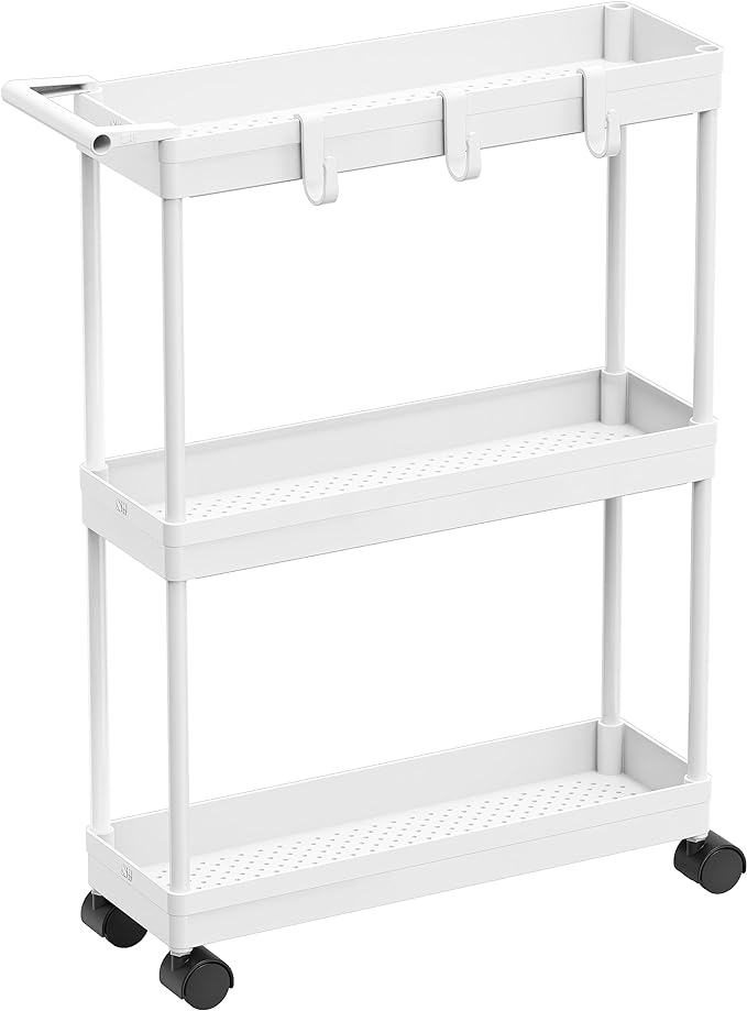 Simple Houseware 3-Tier Slim Rolling Cart w/Handle 5.5" Wx27.5 H, White | Storage Cart for Narrow Space (5.5-Inch Wide) Kitchen, Bathroom, Laundry Room