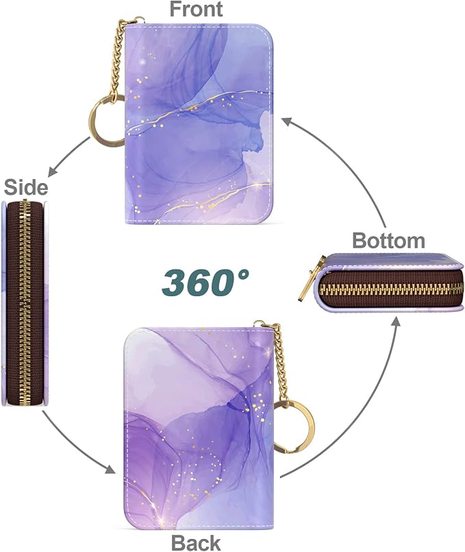 Nipichsha Women's Slim Leather RFID Wallet, Purple Marble, Compact Size, 12-Slot with Zipper and Keychain