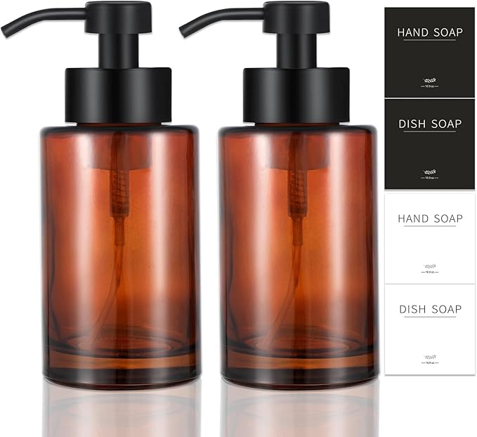Glass Foaming Soap Dispenser Set with 304 Stainless Steel Pump 12oz 2 Pack | Rust Proof Black Pump, Sturdy, Brown Empty Foam Bottle with Waterproof Labels for Bathroom Decor Kitchen Colleage Dorm
