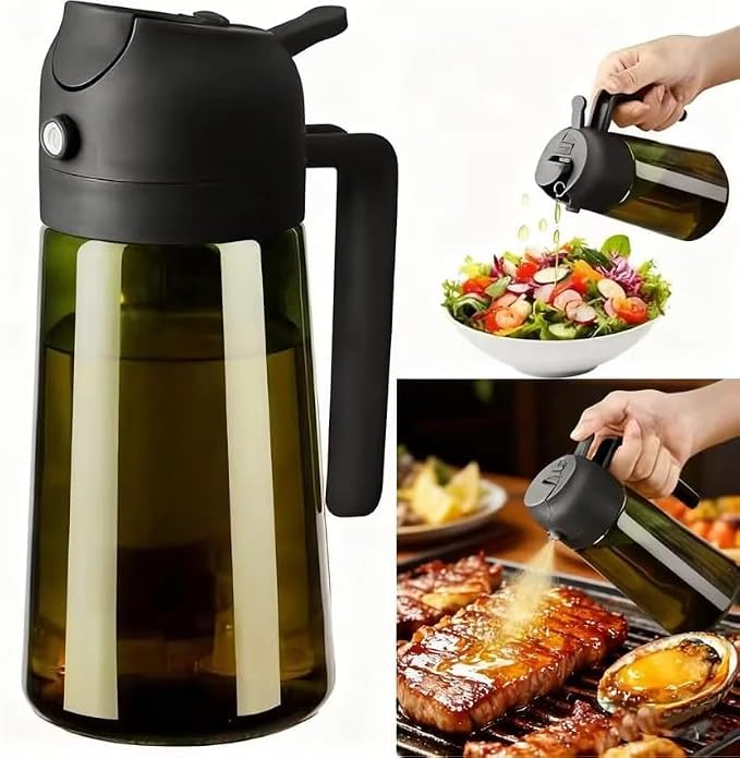 16oz Glass Olive Oil Sprayer for Cooking, 2 in 1 Oil Dispenser, Food Grade Premium Spray Bottle with Portion Control for Salad, Frying, BBQ (Black)