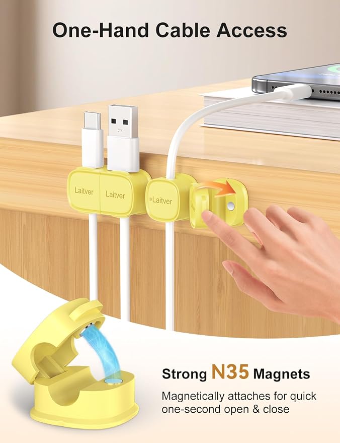 6 Pack Magnetic Cable Clips [1s Open/Lock], Cord Organizer Holder | Strong Adhesive Desk Cable Management- Organize Charging Cords Neatly for Home, Office, Car,Desk, Nightstand-Cream Yellow