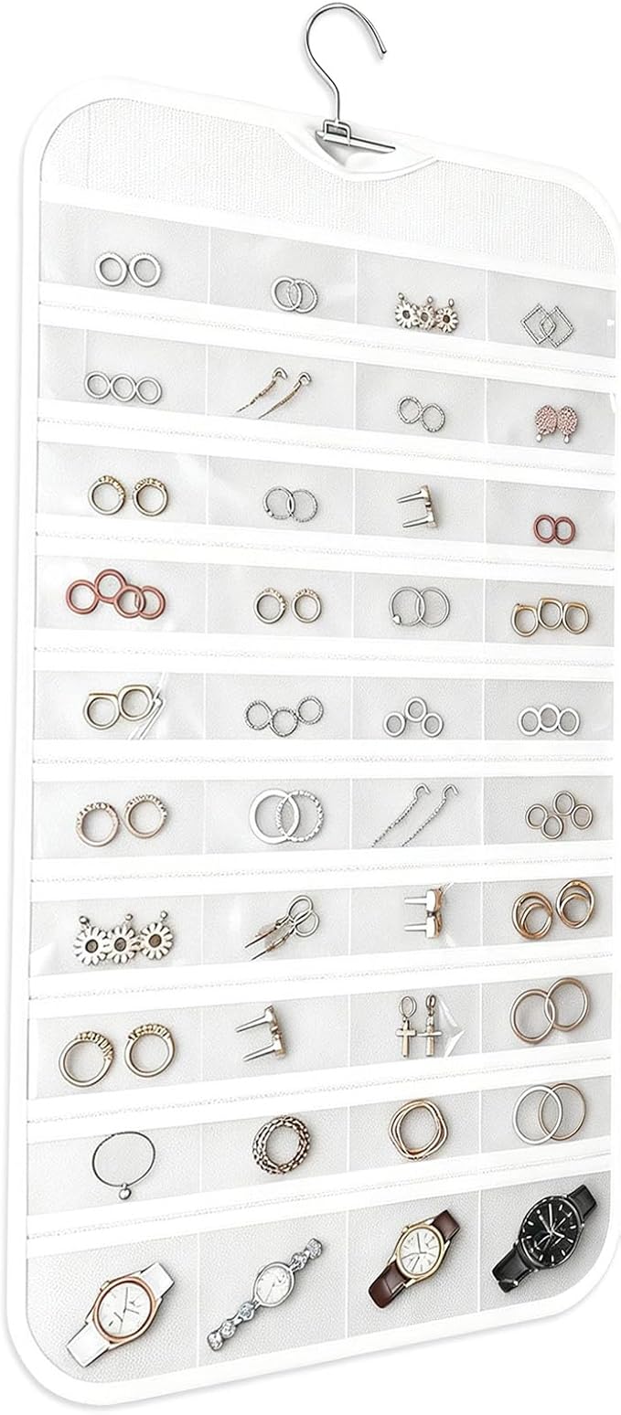 Hanging Jewelry Organizer, White, 80 Pocket | Double-Sided, For Earrings Necklace Bracelet, Clear PVC Window, For Closet, Door, Wall, Travel