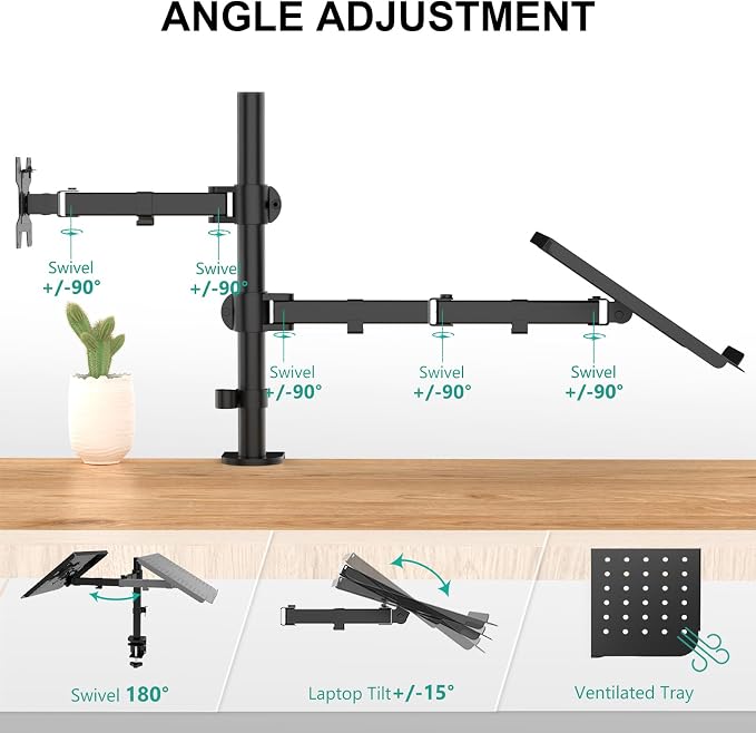 WALI Dual Arm Laptop and Monitor Desk Mount for 17" Notebook and Up to 27" Screen, Fully Adjustable Monitor Arm with Laptop Tray, VESA 75x75 100x100, Holds up to 22 lbs, Black (M001LP)