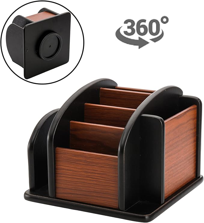 DEAYOU Wood Rotating Remote Caddy, Spinning Remote Control Holder for Table, 6-Compartment Wooden Revolving Office Supplies Desktop Storage Organizer for Pen, Pencil, Mail, Desk, Home, Living Room
