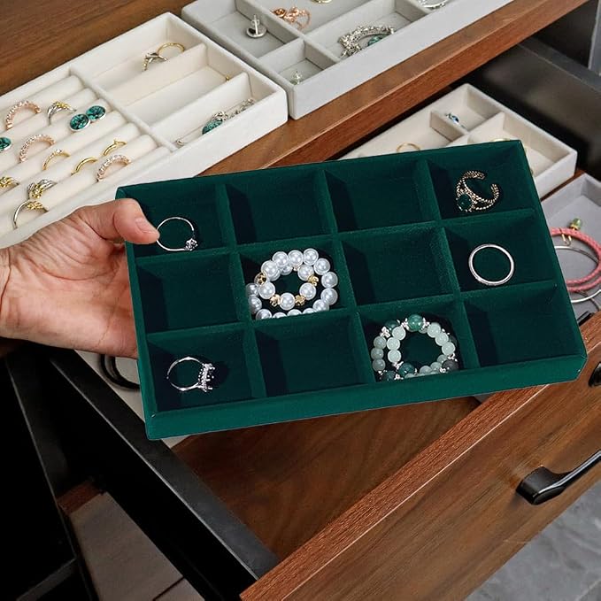 2Pcs Velvet Jewelry Display Trays Stackable Jewelry Organizer Tray Green Bulk 12 Girds Stylish Organizer Trays for Ring Earring Holder Necklace Bracelet Storage Display Dish Women Adults