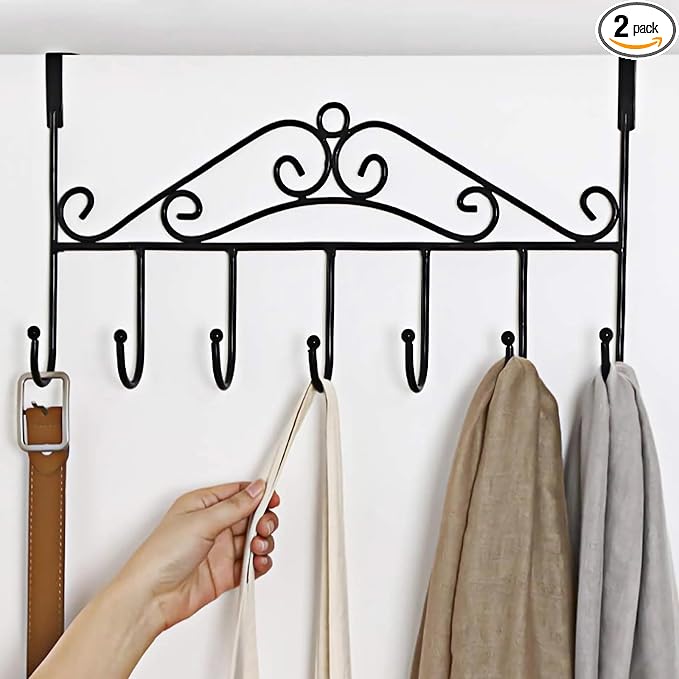 Over the Door Organizer, 2 Pack Door Hanger Hooks, Over Door Towel Coat Hanger, Back of Door Hooks for Hanging Clothes, Anti-Rust Overdoor Organizer with 7 Hooks for Bathroom Bedroom Hat Purse Robe