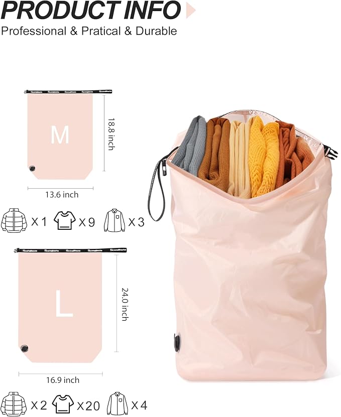 Compression Travel Laundry Bag for Dirty Clothes, Pump-Free Laundry Bag for Suitcase & Dorm, Waterproof Wet Dry Clothes Organizer, Large Capacity Space Saving Travel Bag (1 Pcs)(Pink, L)