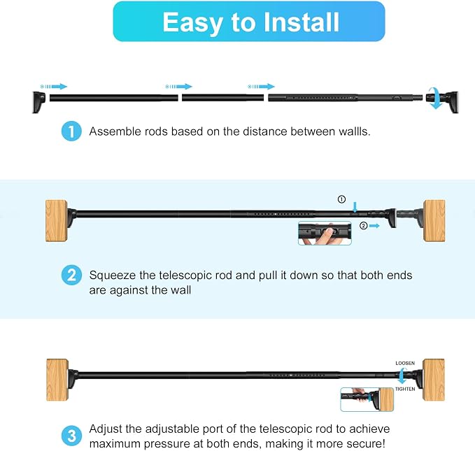 Closet Rods For Hanging Clothes,41-87 In Extra Long Tension Rod For Closet,Adjustable Rod Without Drilling 33lb Heavy Duty Closet Rods Diameter 1.26in-One-Bond Stretching,Black