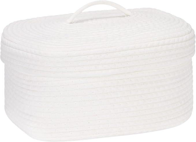 Sea Team Oval Cotton Rope Storage Basket with Lid, Lidded Woven Storage Bin, Nursery Storage Container, Diaper Caddy, Baby Shower Basket, Box, Organizer, 15 x 11 x 6.5 Inches (Medium, White)