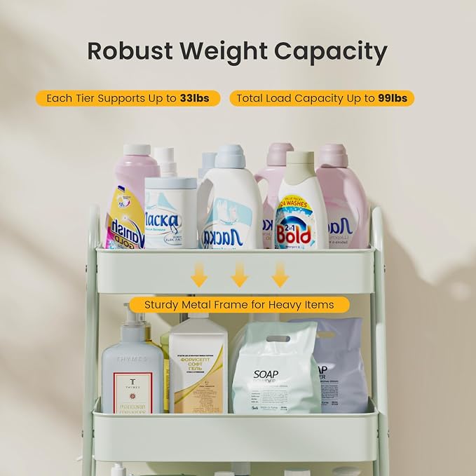 DUMOS 3 Tiers Rolling Cart, Utility Cart, Metal, Light Green | Mobile Storage, Lockable Wheels, Utility Shelving Unit, Kitchen, Bathroom, Laundry, Narrow Places
