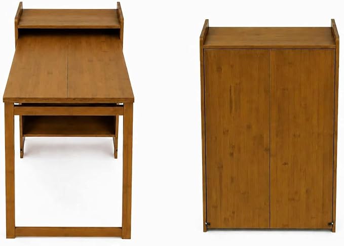 HDDFER Bamboo Folding Desk for Small Spaces,Hidden Desk with Storage Shelf, Foldable Computer Desk for Bedroom Home Office, Mid Century Modern Fold Out Table Writing Table, Brown
