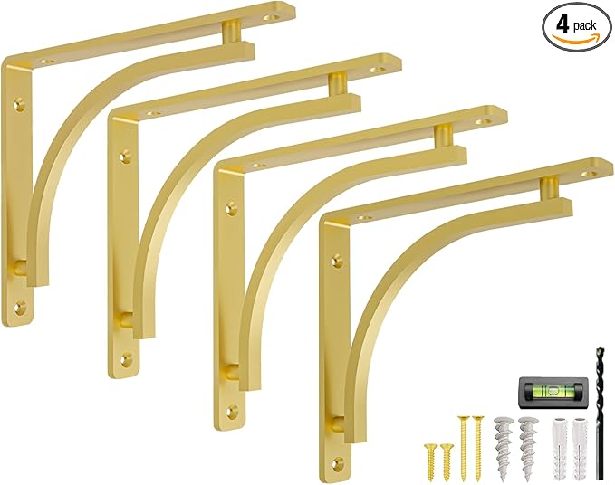 Classic Brass Heavy Duty Shelf Brackets 10 inch by Balin Designs – Gold L Bracket, Wall Mounted Support, Shelving Metal Bracket, Decorative Shelf Brackets, with Hardware Included, Set of 4