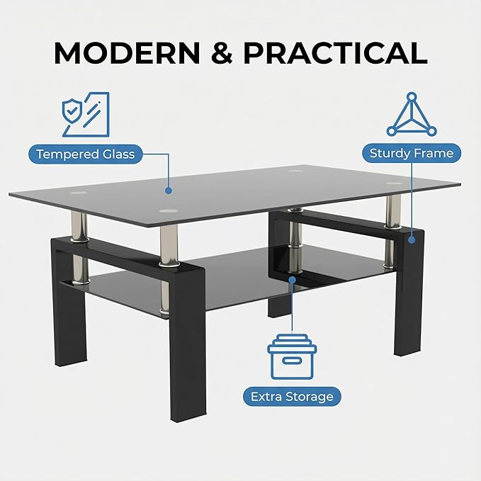 Meihua Rectangle Glass Coffee Table 2-Tier Tea Table Modern Side Coffee Table for Living Room (All Black)