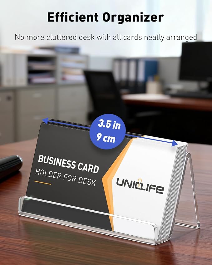 Uniclife 4 Pack Acrylic Business Card Holder for Desk, 50 Card Capacity | 3.5" x 1.9" x 2" Clear Horizontal Business Card Display Stand, Desktop Business Card Organizer for Office, Index Card Holder