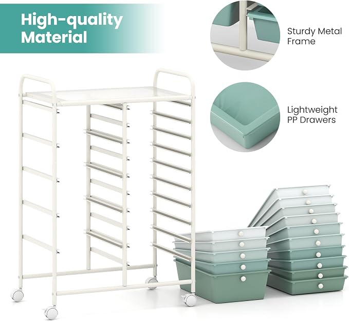 COSTWAY 15 Drawer Rolling Storage Cart, Mobile Storage Organizer | Removable Drawers & Metal Frame, Multipurpose Utility Tools Paper Organizer on Wheels for Home, Office (Green Gradient)