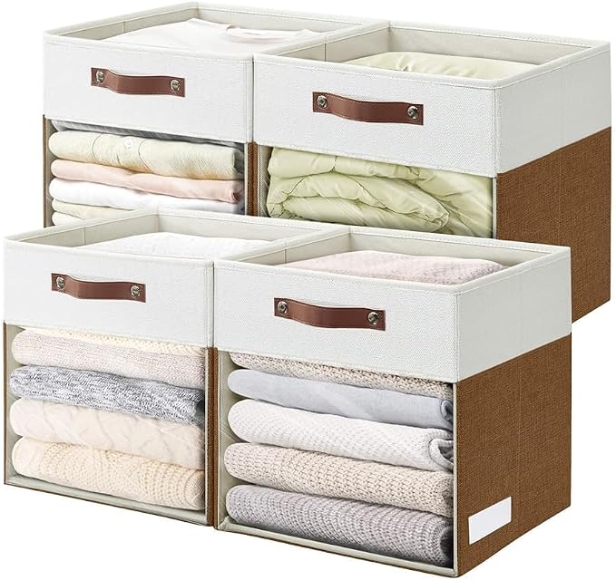 Bagnizer Storage Cubes, 4 Pack Linen Foldable Storage Bins with Clear Window and 2 Handles, 13x15x13 Storage Cube Bins for Shelf Closet, Kallax, Clothes, Books - (Brown / Off-White)