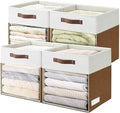 Bagnizer Storage Cubes, 4 Pack Linen Foldable Storage Bins with Clear Window and 2 Handles, 13x15x13 Storage Cube Bins for Shelf Closet, Kallax, Clothes, Books - (Brown / Off-White)
