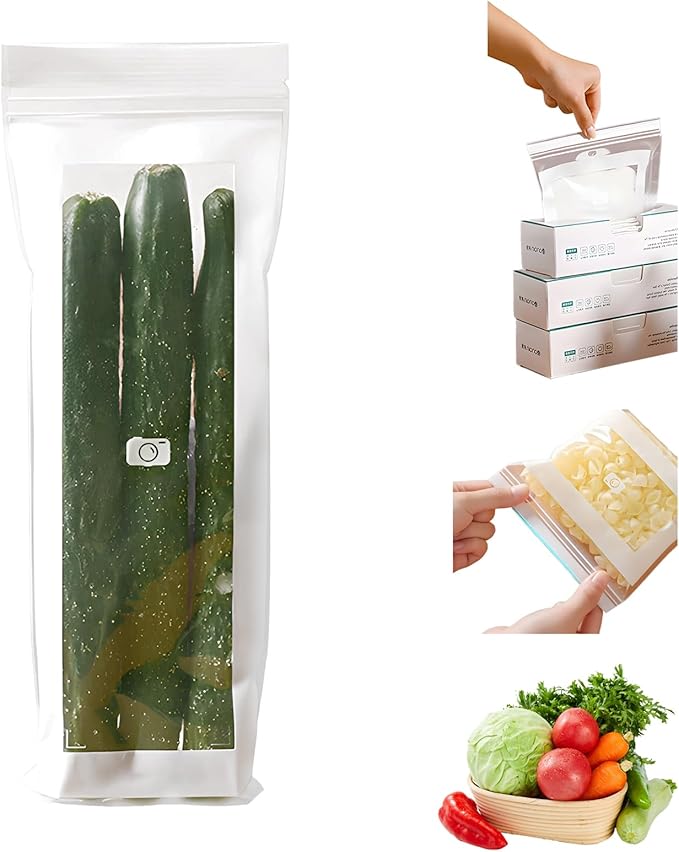 Kitchen Food Grade Fresh Keeping Bags, Reusable Long Sealed Bags for Vegetables & Fruits, Clear Plastic Storage Bag for Refrigerator, Dual Interlocking Seal (Long, 15counts)