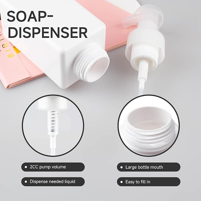 250ML Foaming Soap Dispenser, 2-Pack Plastic Hand Soap Dispenser, Refillable Leakproof Foam Pump Bottle with Waterproof Labels, for Shampoo, Body Wash