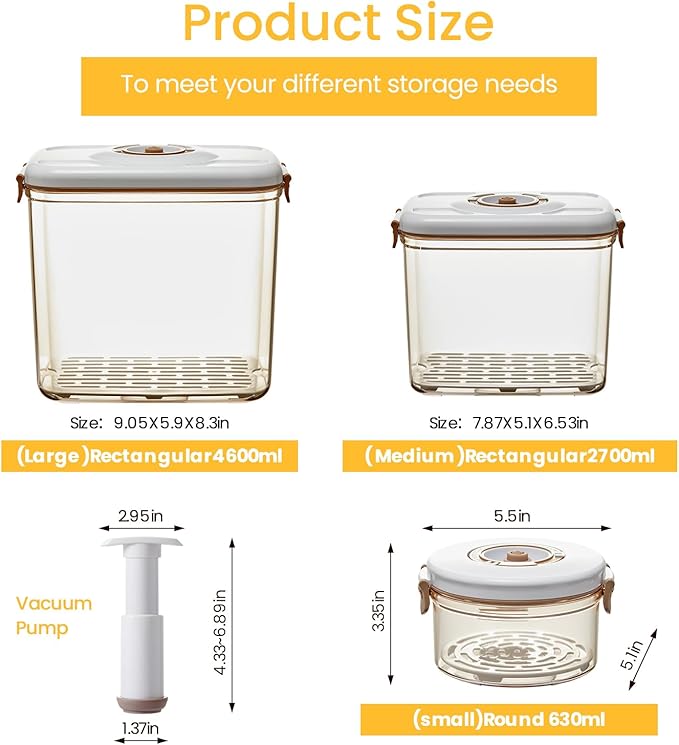 3-Pcs Large Food Saver Containers for Vacuum Seal,Keep Fresh | Pump&Strainer,Leakproof,BPA-Free,Easy to clean,Space-Saving,Kitchen&Outdoors,Marinating, Meal Prep