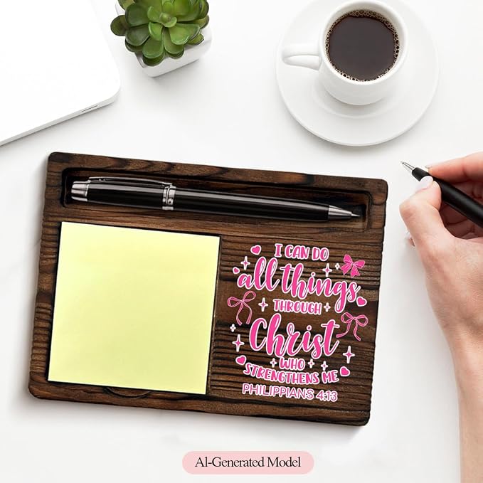 Christian Pink Bow Coquette Sticky Note Holder Bible Verse Philippians 4:13 Post It Note Dispenser for Office Home Desk Decor, Christian Religious Gifts for Women Girls Sister Friends Coworker