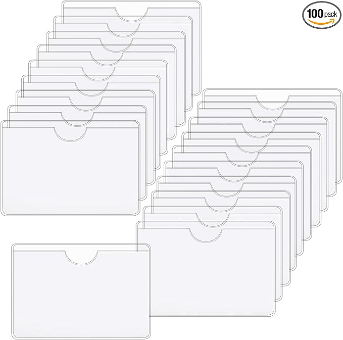 100 Pack Clear Self Adhesive Business Card Pockets, 2.5 x 3.7 inch | Clear top opening adhesive card holders for business cards, storage bin labels, shelf tags, and shop organization